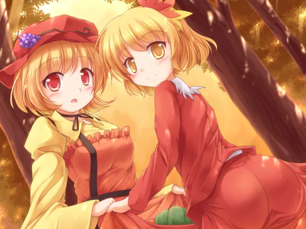 HD anime desktop wallpaper featuring Shizuha Aki and Minoriko Aki from Touhou, set against a warm, glowing forest background.