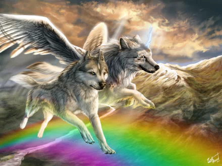HD desktop wallpaper of two fantastical wolves with wings soaring over a rainbow, set against a dramatic sky.