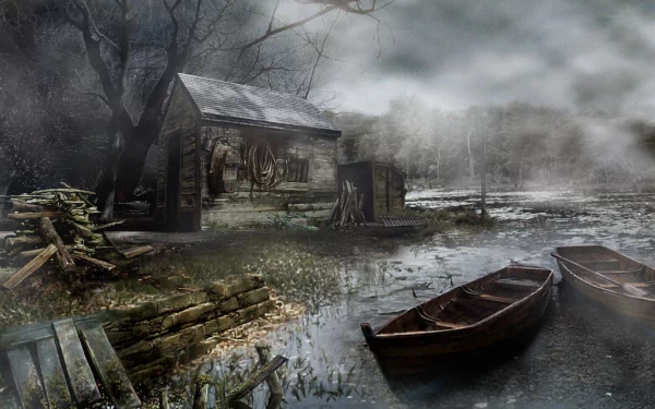 HD desktop wallpaper featuring a dark, eerie setting inspired by Resident Evil 4 video game, with an old cabin and two row boats on a misty, swampy area.