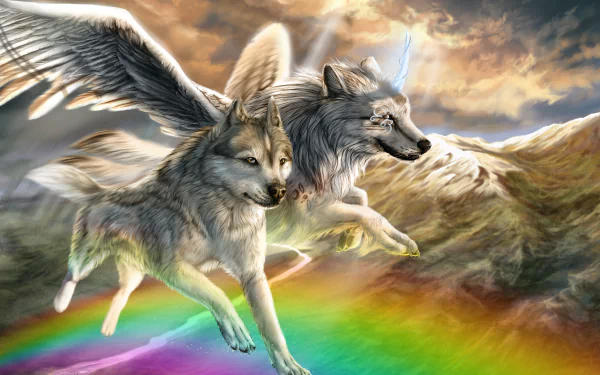 HD desktop wallpaper of two fantastical wolves with wings soaring over a rainbow, set against a dramatic sky.