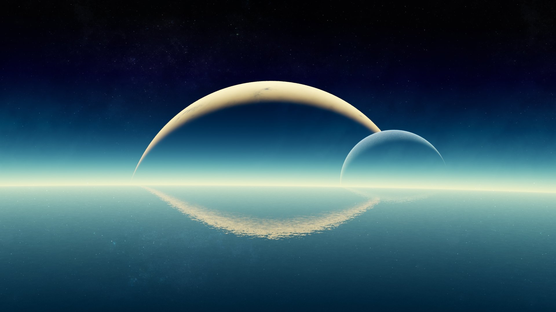 A stunning sci-fi landscape featuring two planets rising above a serene horizon, reflecting in a calm body of water, presented as a 4K Ultra HD desktop wallpaper.