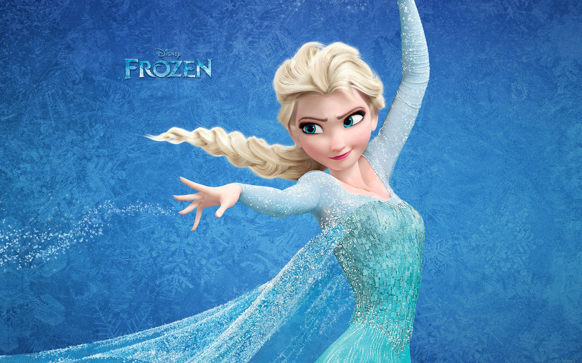 An HD desktop wallpaper featuring Elsa from the movie Frozen, showcasing her in a dynamic pose with a sparkling background, embodying the magic and beauty of the film.