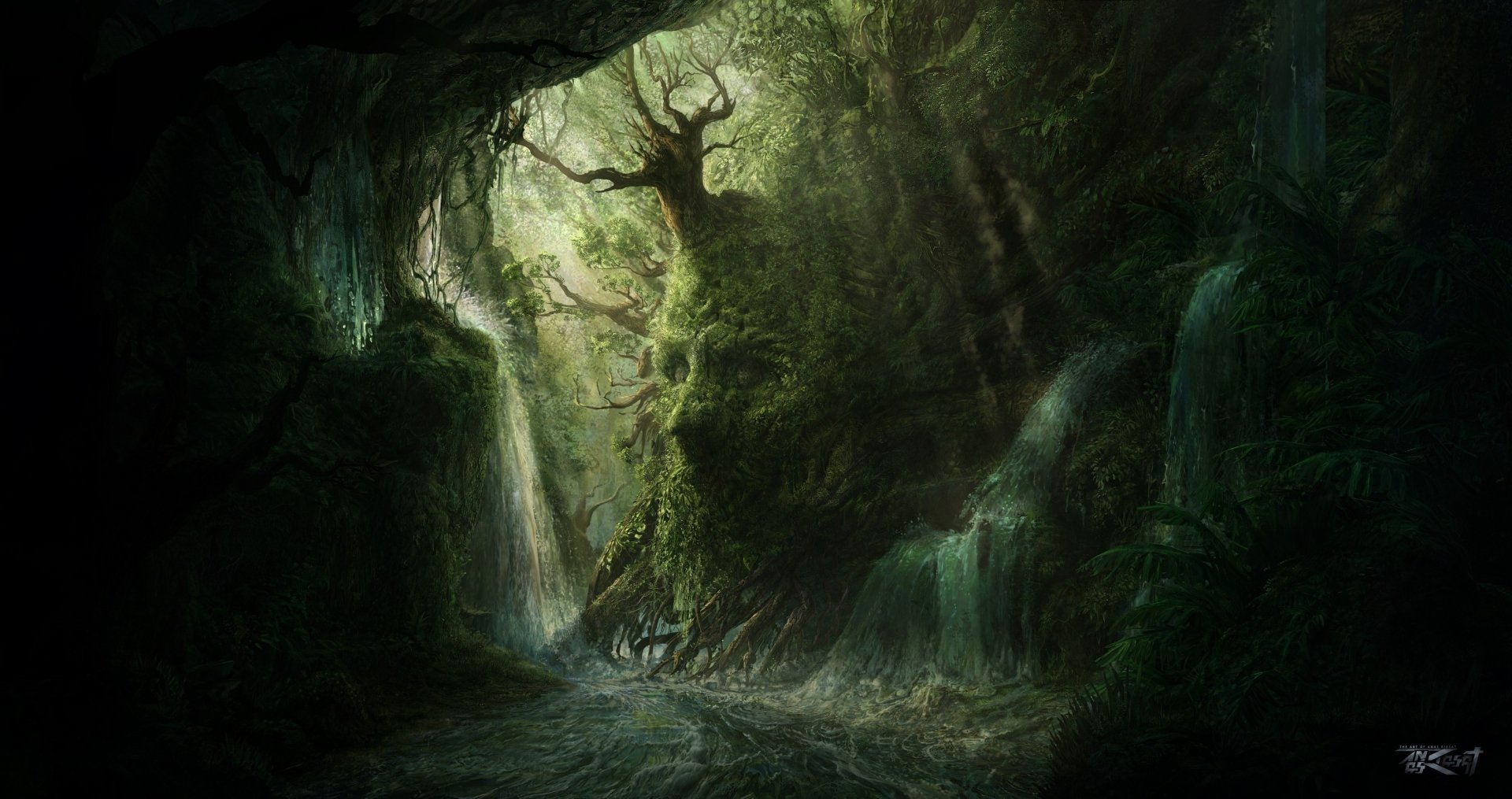 A mystical forest landscape featuring lush greenery, cascading waterfalls, and a towering ancient tree, creating an enchanting fantasy atmosphere for a captivating HD desktop wallpaper.