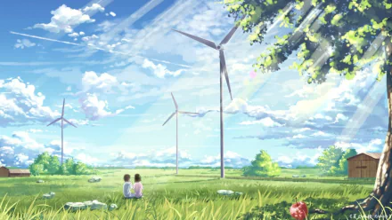 A serene anime summer scene featuring two figures sitting in a sunlit grassy field, with wind turbines and fluffy clouds in the background, creating a tranquil atmosphere.
