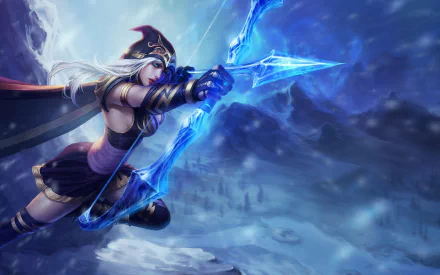 HD fantasy wallpaper featuring Ashe, a white-haired woman warrior and archer from the video game League of Legends, poised with her glowing blue bow and arrow in a snowy landscape.