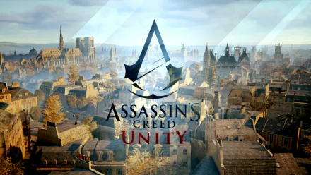 HD wallpaper featuring the logo of Assassin's Creed: Unity over a scenic view of a historic city, showcasing the game's immersive atmosphere and engaging design.