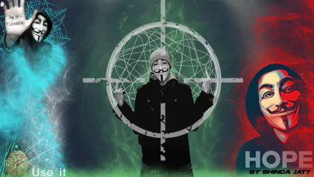 HD desktop wallpaper featuring an anonymous figure in a Guy Fawkes mask, surrounded by vibrant colors and technological elements.