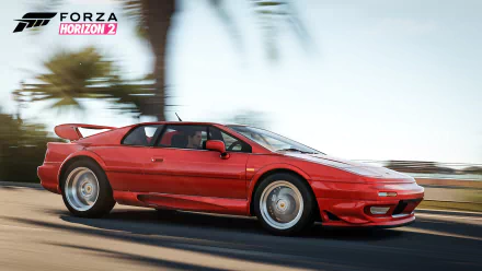 A red sports car speeds along a coastal road in Forza Horizon 2, shown in a high-definition PC desktop wallpaper background.