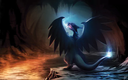 HD desktop wallpaper featuring Mega Charizard X from Pokémon in a dramatic cave setting with flames and shadows, emphasizing its powerful Mega Evolution from the video game series.