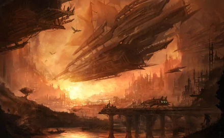 Sci-Fi HD desktop wallpaper depicting a futuristic cityscape with large, sleek spaceships flying through a glowing, orange sky. The vibrant scene captures the essence of an advanced, otherworldly civilization.