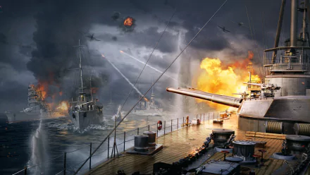 An intense scene from World of Warships, featuring battleships engaged in naval combat with explosions and smoke, set against a dramatic ocean backdrop. High-definition PC wallpaper.