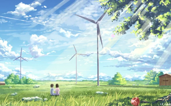 A serene anime summer scene featuring two figures sitting in a sunlit grassy field, with wind turbines and fluffy clouds in the background, creating a tranquil atmosphere.