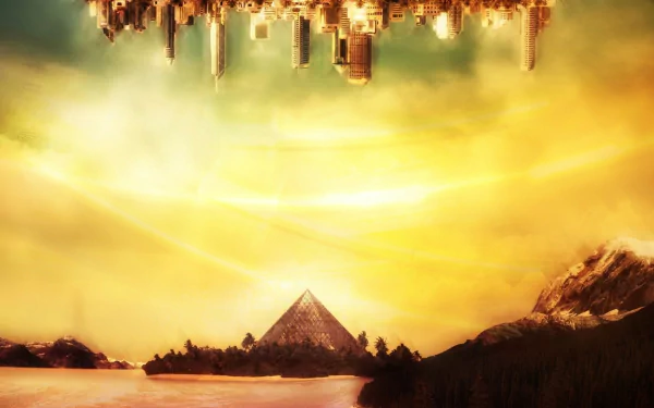 A stunning HD wallpaper featuring a pyramid in a serene landscape with a futuristic city and a golden sky, inspired by NERV from Neon Genesis Evangelion: 1.0 You Are (Not) Alone.