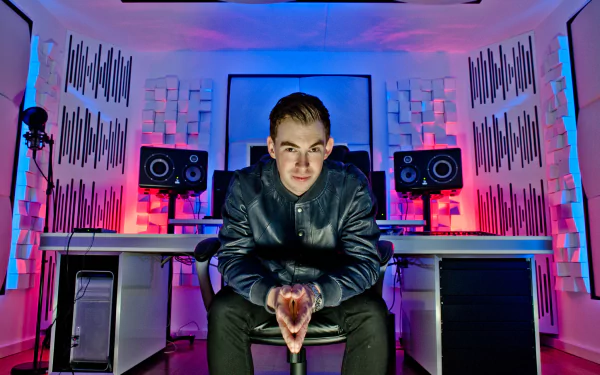 HD PC desktop wallpaper of Hardwell in a music studio with vibrant blue and pink lighting, surrounded by speakers and acoustic panels.