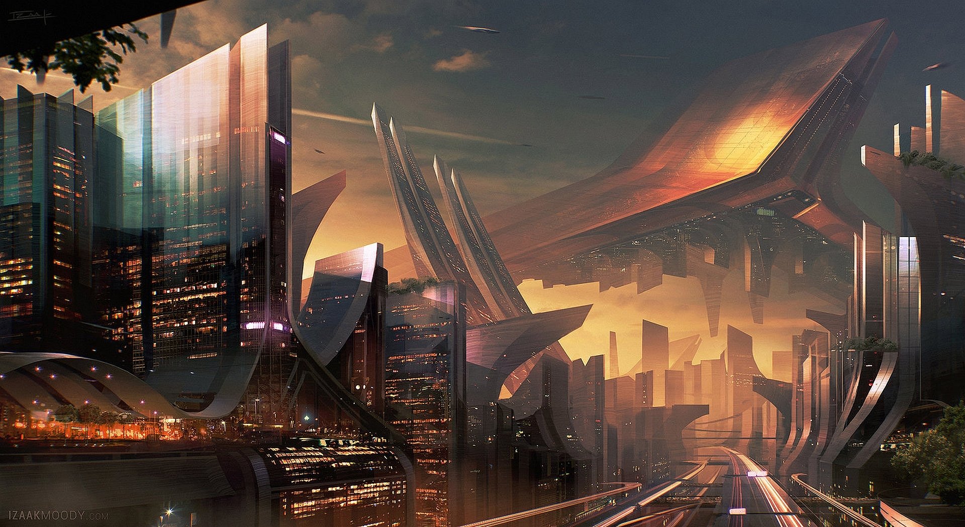 Futuristic sci-fi cityscape at dusk with sleek, towering structures and glowing lights, designed as a high-definition PC desktop wallpaper and background.