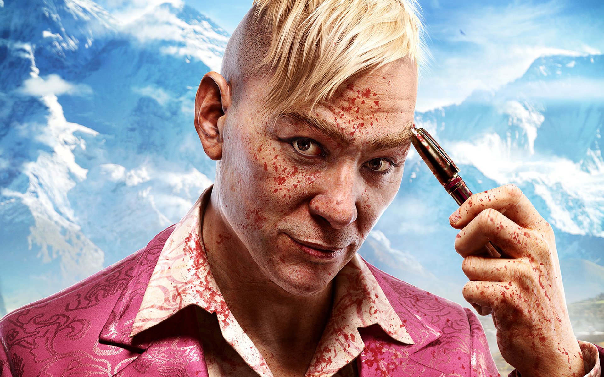 HD PC desktop wallpaper from the video game Far Cry 4 featuring a close-up of a man with slicked-back blonde hair, a pink suit, blood splatters, and snowy mountains in the background.