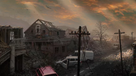 4K Ultra HD post-apocalyptic sci-fi scene showing a ruined house, abandoned cars, and a desolate, cracked road under a dramatic, cloudy sky.