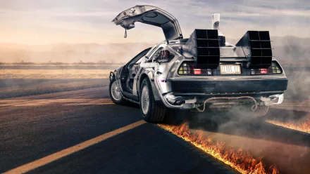 HD desktop wallpaper featuring the iconic DeLorean from Back To The Future, with its gull-wing door open and leaving fiery tire tracks on a road.