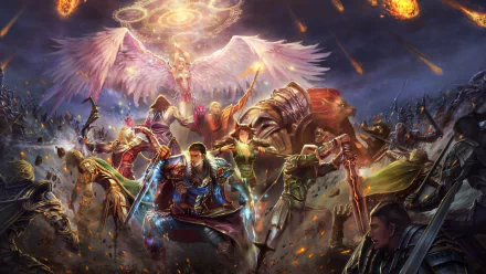 Epic Battle Fantasy 4 HD PC desktop wallpaper featuring a fierce battle scene with diverse heroes and mythical creatures under a stormy, fiery sky.