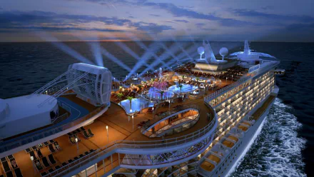 HD desktop wallpaper of the MS Royal Princess cruise ship at sea during sunset, showcasing its illuminated decks and outdoor amenities.