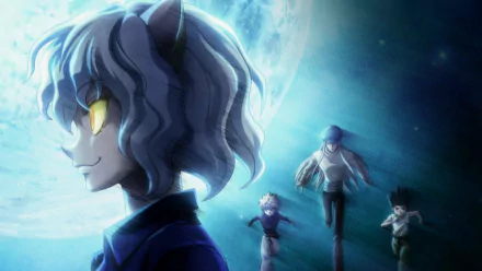 HD wallpaper featuring Neferpitou with Gon, Killua, and Kite from Hunter x Hunter in the background.