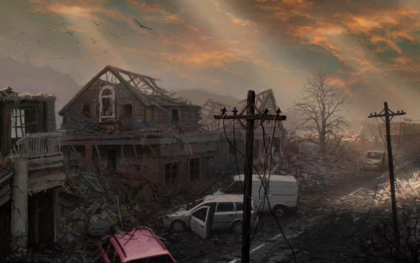 4K Ultra HD post-apocalyptic sci-fi scene showing a ruined house, abandoned cars, and a desolate, cracked road under a dramatic, cloudy sky.