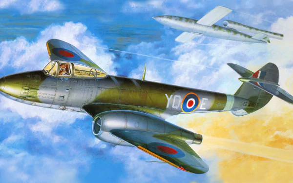 Military Gloster Meteor jet aircraft flying in a bright blue sky with clouds, captured in stunning 8K Ultra HD detail for PC desktop wallpaper.