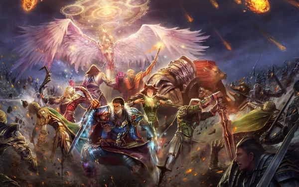 Epic Battle Fantasy 4 HD PC desktop wallpaper featuring a fierce battle scene with diverse heroes and mythical creatures under a stormy, fiery sky.