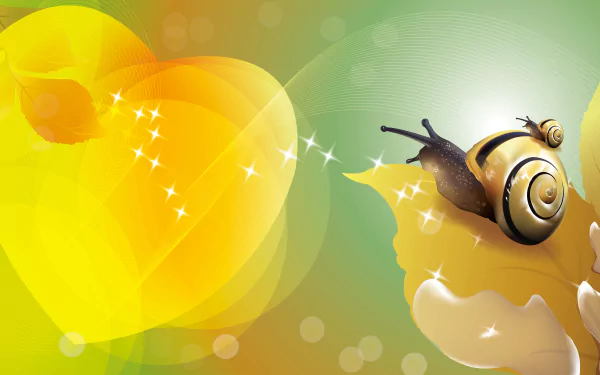 Close-up 8K Ultra HD wallpaper of a snail with a sparkling trail on a vibrant yellow-green background, highlighting intricate shell details.
