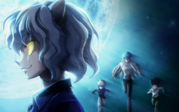 HD wallpaper featuring Neferpitou with Gon, Killua, and Kite from Hunter x Hunter in the background.