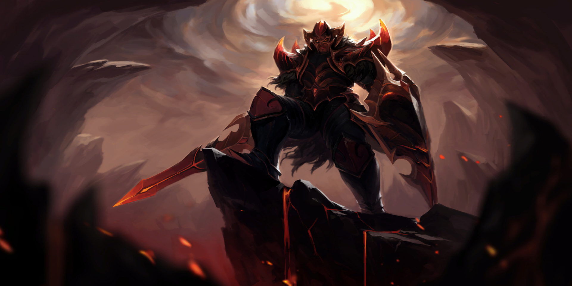 A stunning HD wallpaper featuring a fierce character from DotA 2, standing triumphantly amidst a dramatic, shadowy background filled with intense colors and dynamic lighting.