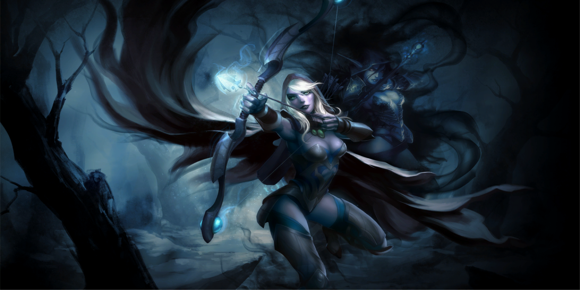 HD PC desktop wallpaper featuring Drow Ranger from DotA 2, depicted in a dark, mystical setting with her bow drawn and ready for battle.