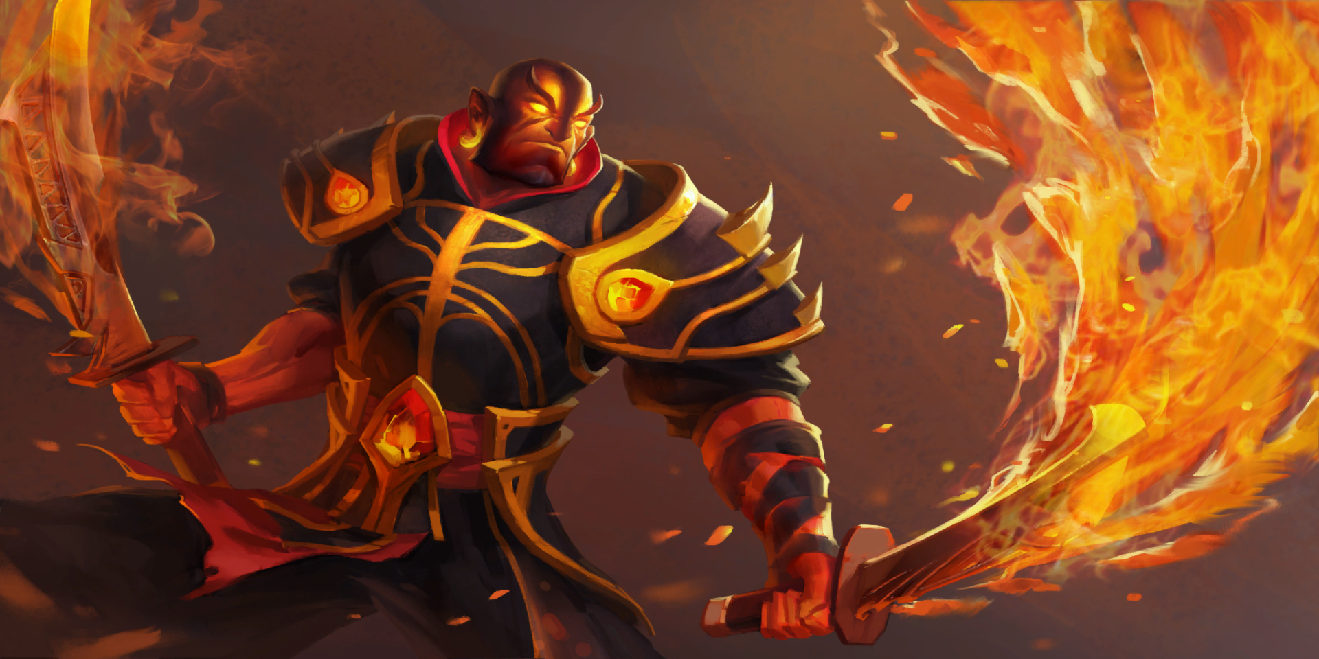 A dynamic HD wallpaper featuring a powerful warrior from DotA 2, wielding flaming swords and dressed in ornate armor, set against a dramatic background.