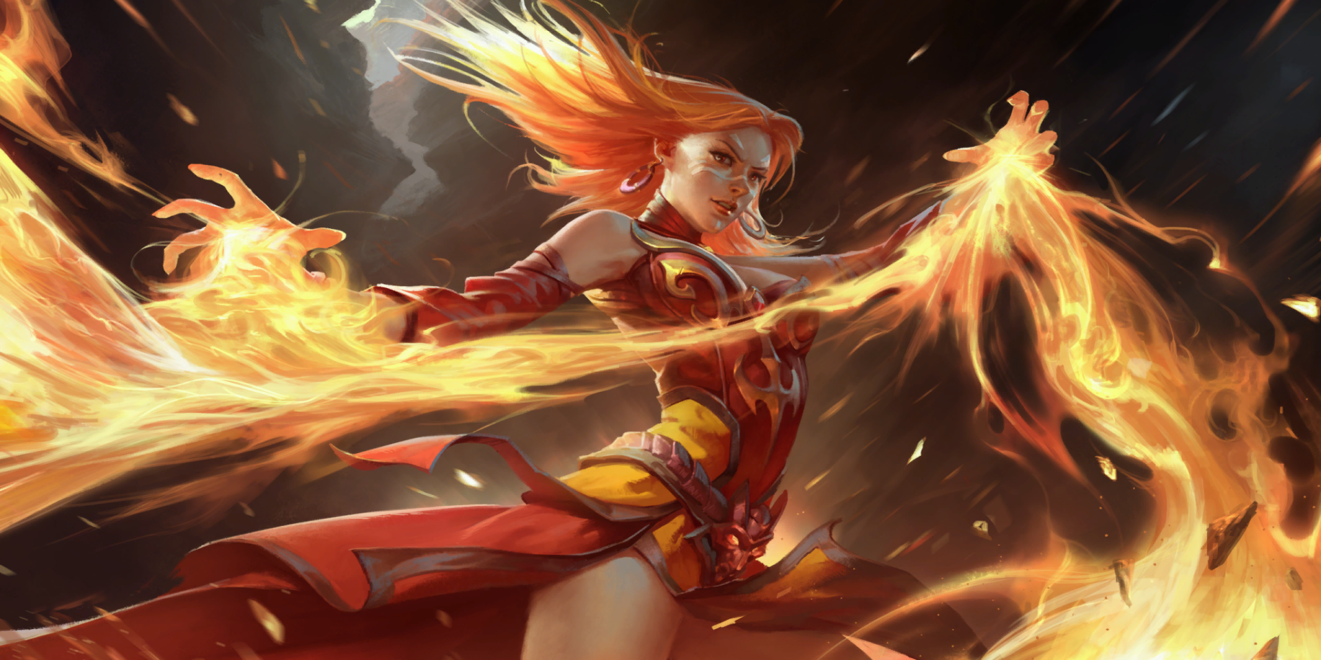 Lina (DotA 2) HD PC desktop wallpaper: fiery video game sorceress in red armor unleashing twin flame arcs, flowing hair and embers against a dark, smoky backdrop.