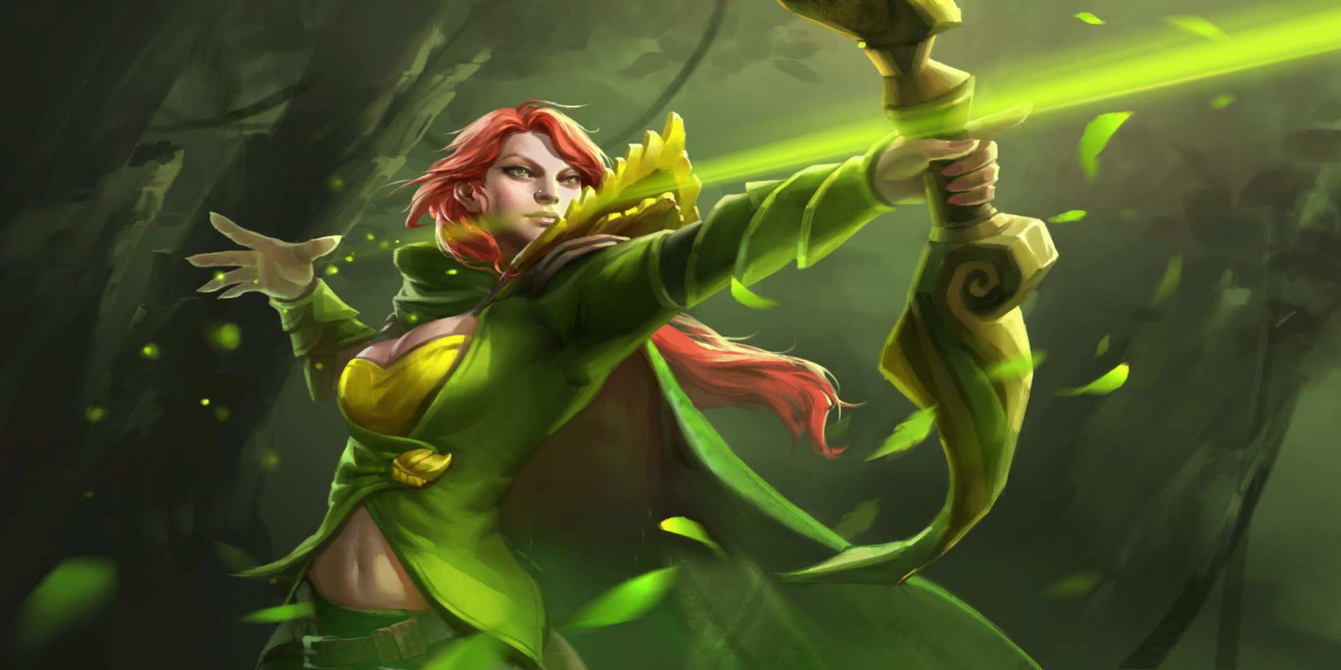 A dynamic HD wallpaper featuring a character from DotA 2, showcasing a powerful archer with vibrant red hair, poised to unleash a green energy shot amid a mystical forest backdrop.