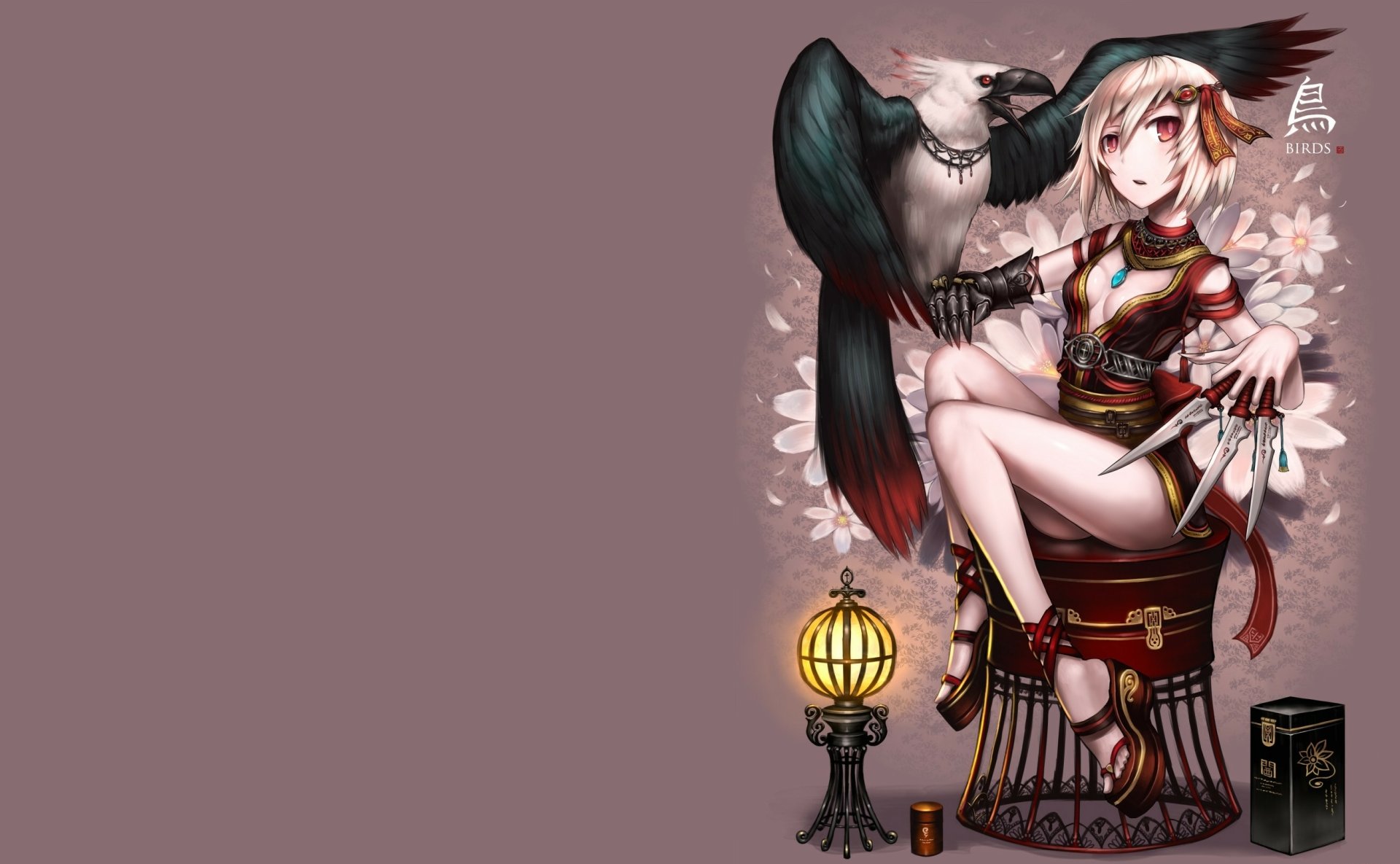 An HD anime-style wallpaper featuring a young woman seated beside a lantern and a bird, with floral elements in the background, combining whimsical and artistic themes.