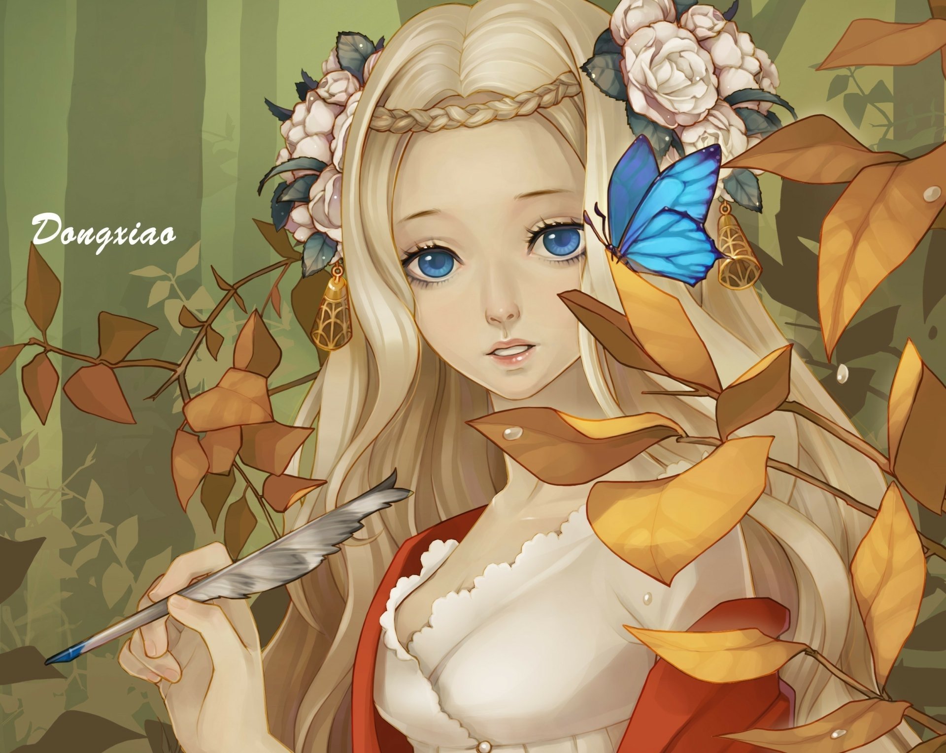 HD anime-style original desktop wallpaper featuring a blonde girl with blue eyes, surrounded by autumn leaves, flowers, and a vibrant blue butterfly.