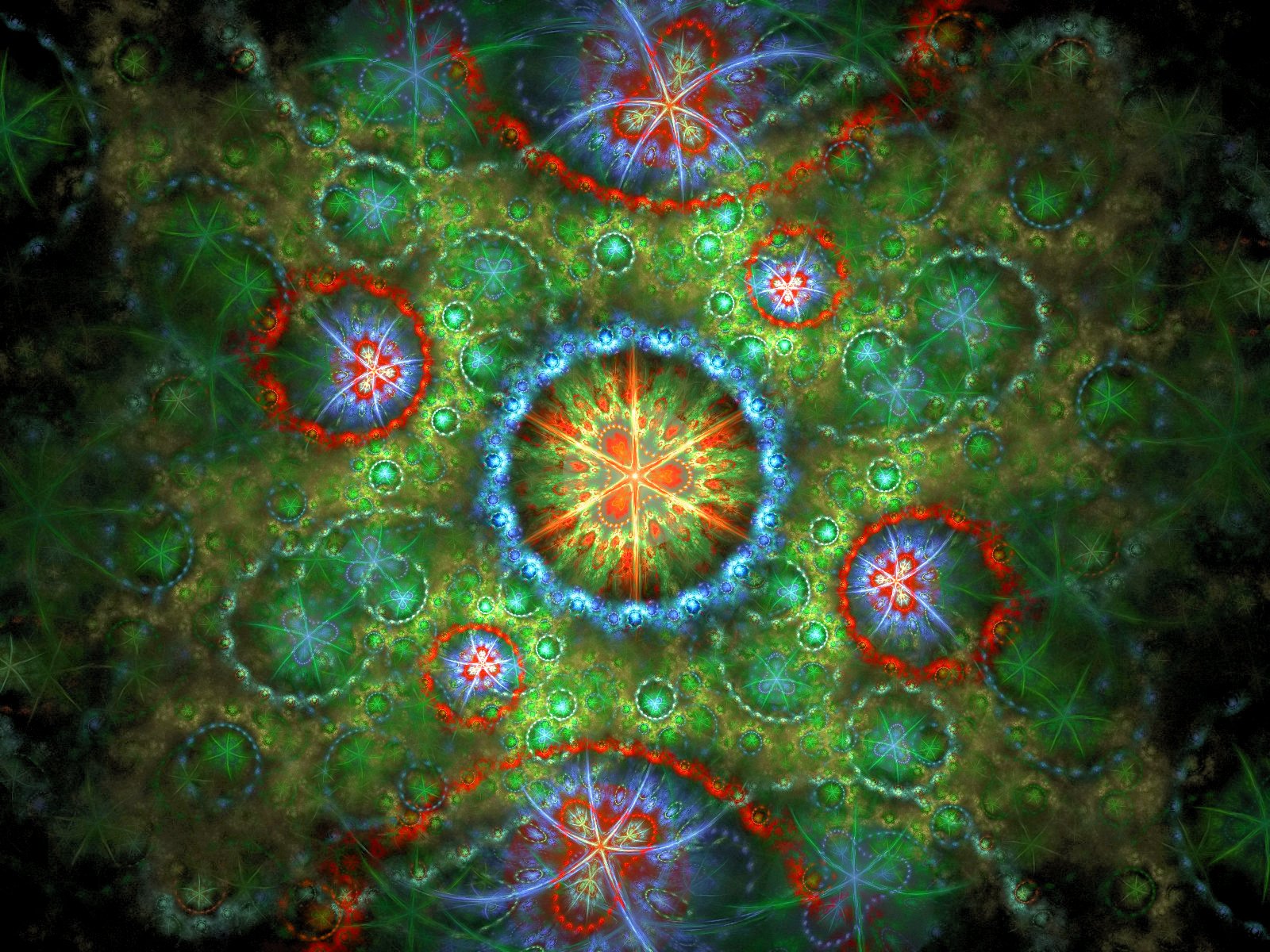 HD CGI desktop wallpaper featuring an abstract green pattern with textured, colorful shapes and intricate fractal designs.