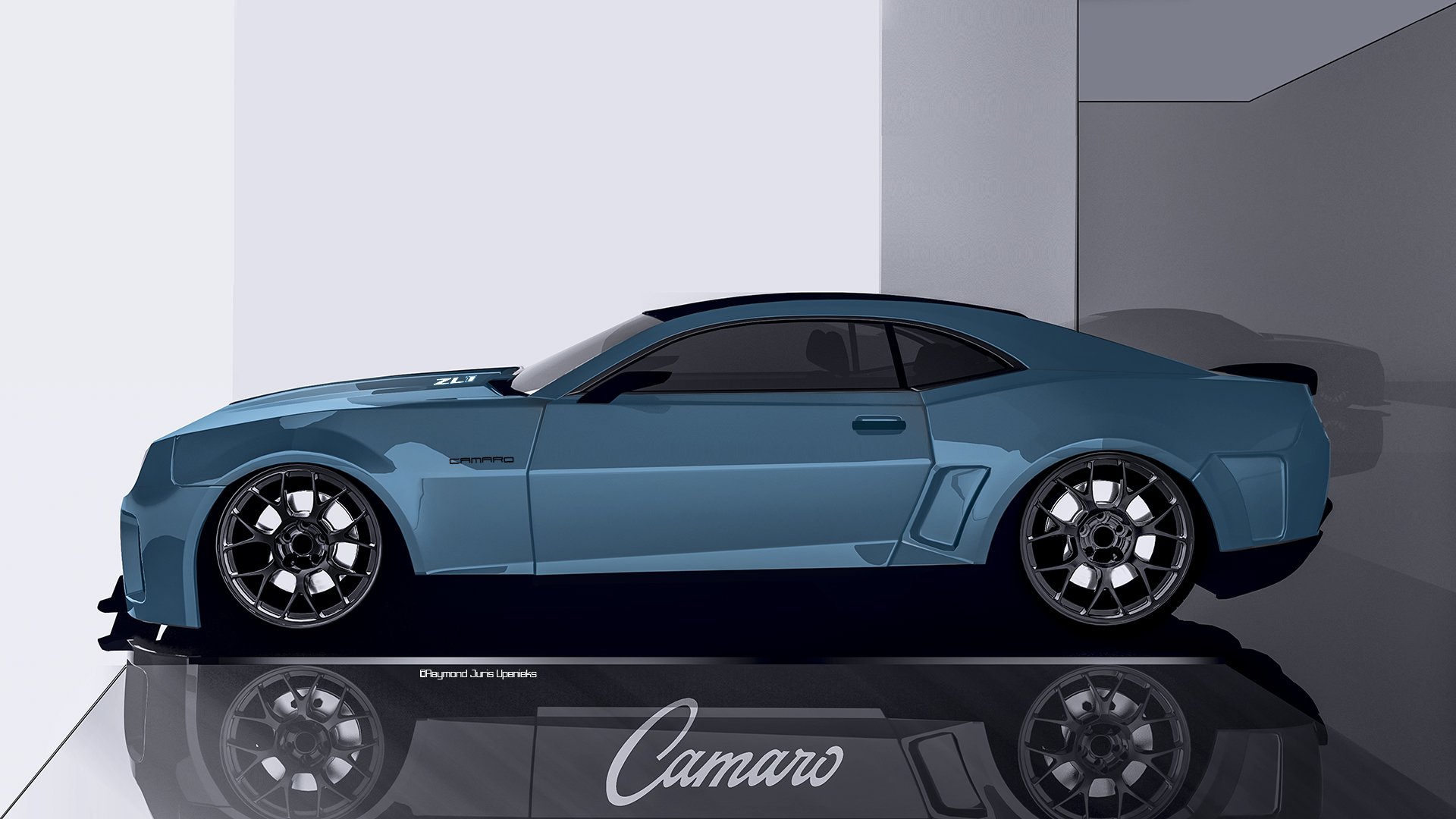 HD PC desktop wallpaper featuring a blue Chevrolet Camaro ZL1 muscle car with sleek design and custom wheels against a minimalist background.
