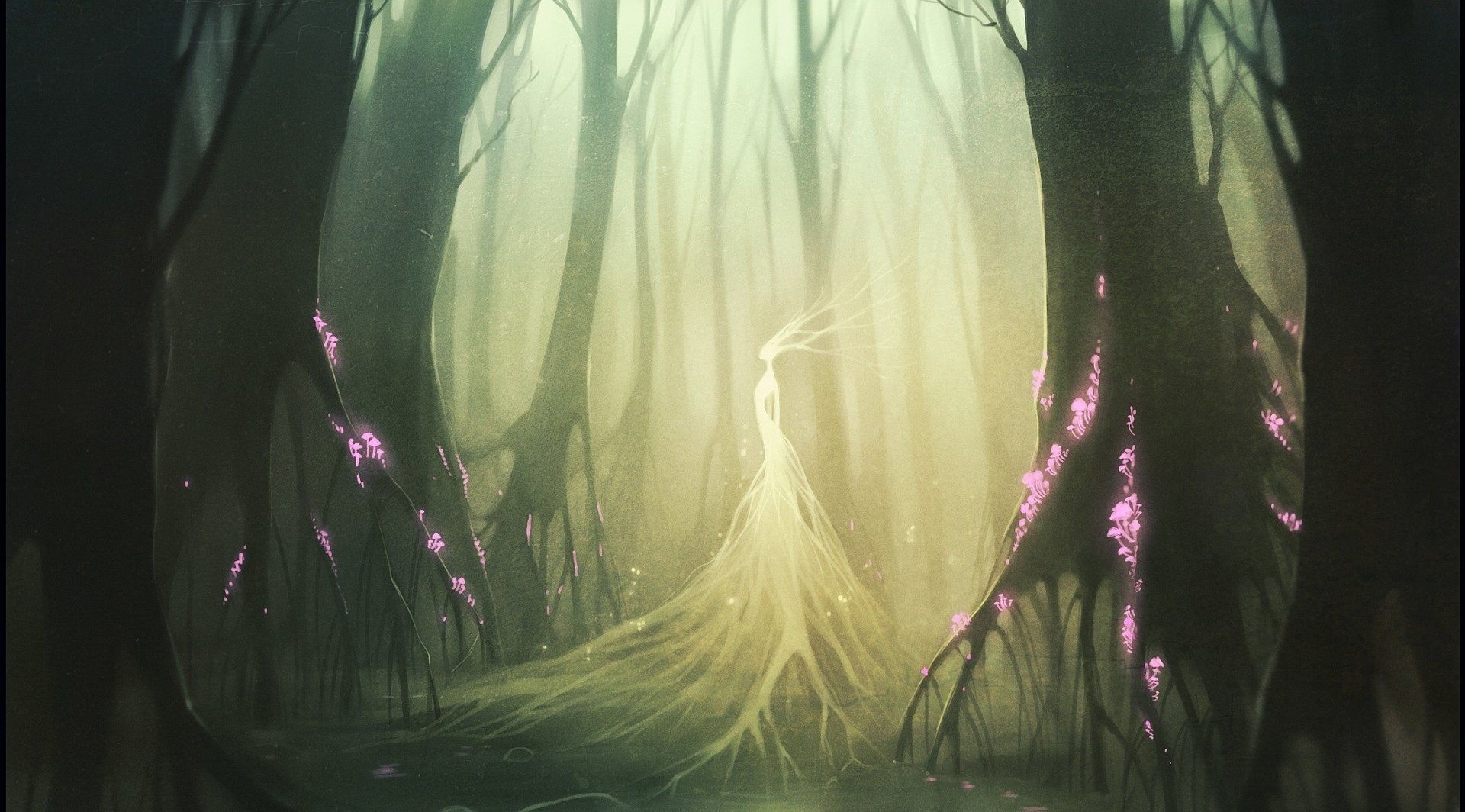 HD fantasy PC desktop wallpaper featuring a mysterious ethereal creature glowing softly in a foggy, dark forest with luminous purple accents on twisted tree roots.