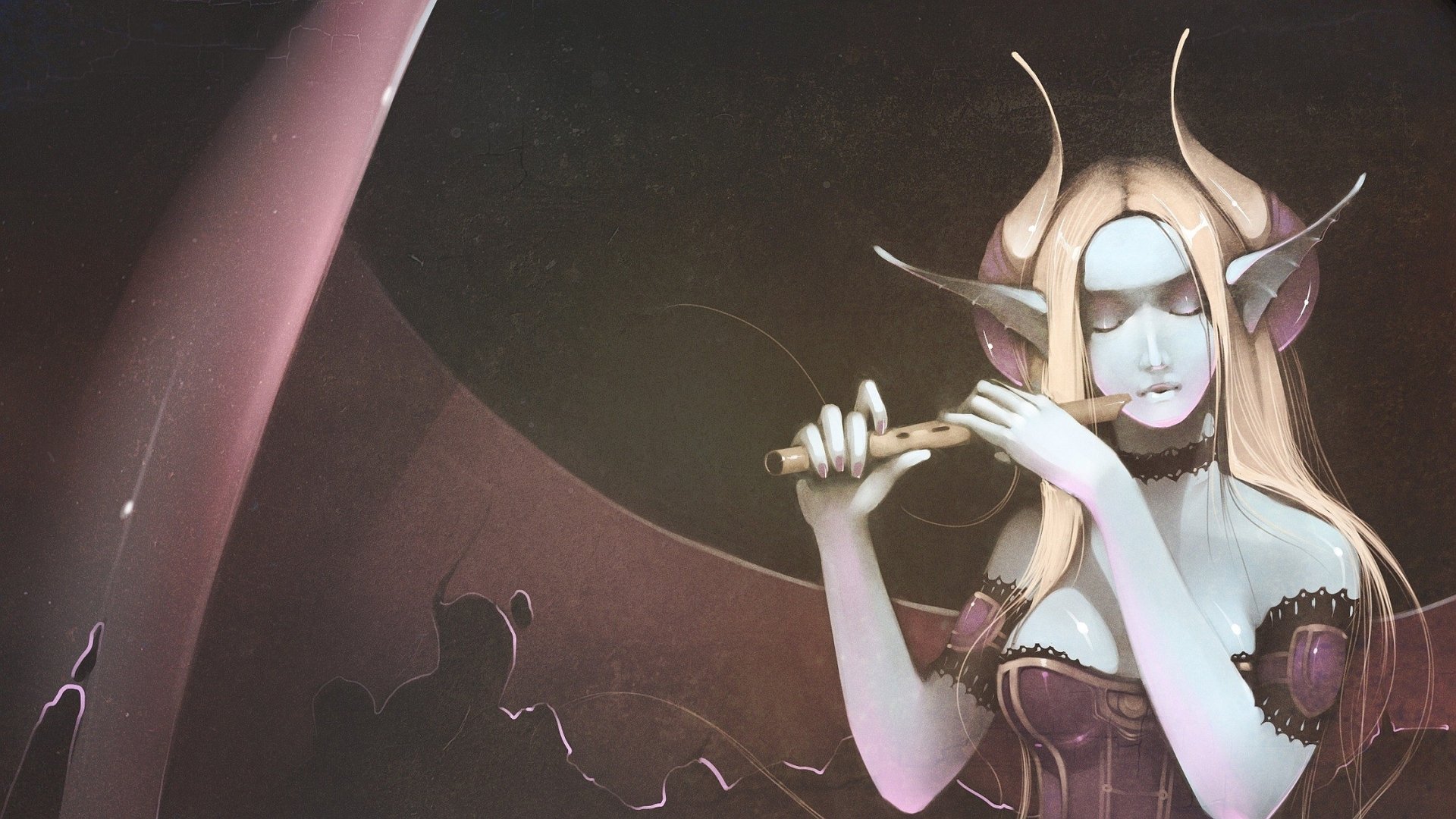 Fantasy-themed HD PC desktop wallpaper featuring a pale woman with horns playing a flute, set against a dark, mystical background.