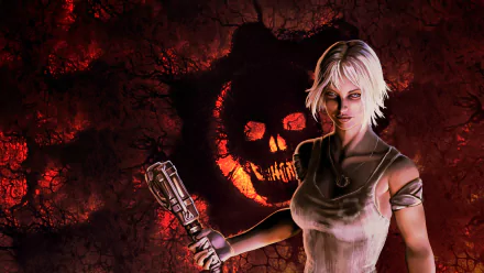 4K Ultra HD PC desktop wallpaper featuring a female character from the video game Gears of War against a dark, fiery background with a skull emblem.