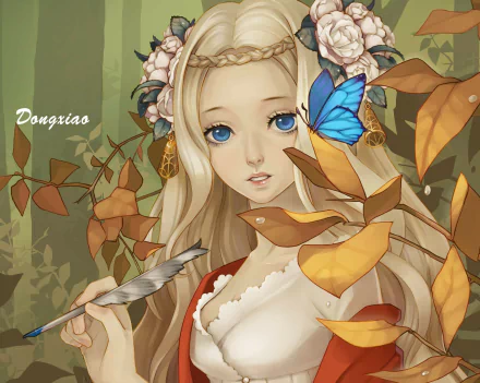 HD anime-style original desktop wallpaper featuring a blonde girl with blue eyes, surrounded by autumn leaves, flowers, and a vibrant blue butterfly.