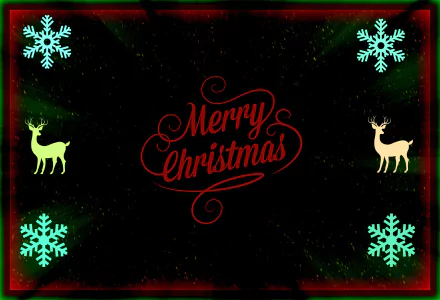 HD PC desktop wallpaper/background: dark vintage holiday Christmas scene with red Merry Christmas lettering centered, green snowflakes and silhouetted reindeer in the corners.