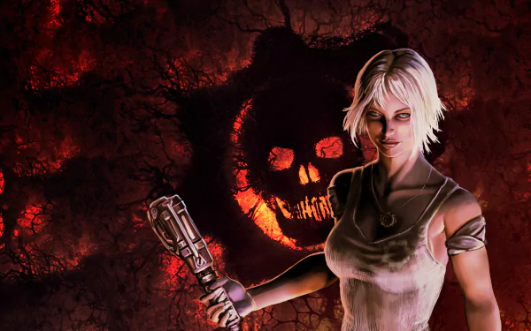 4K Ultra HD PC desktop wallpaper featuring a female character from the video game Gears of War against a dark, fiery background with a skull emblem.
