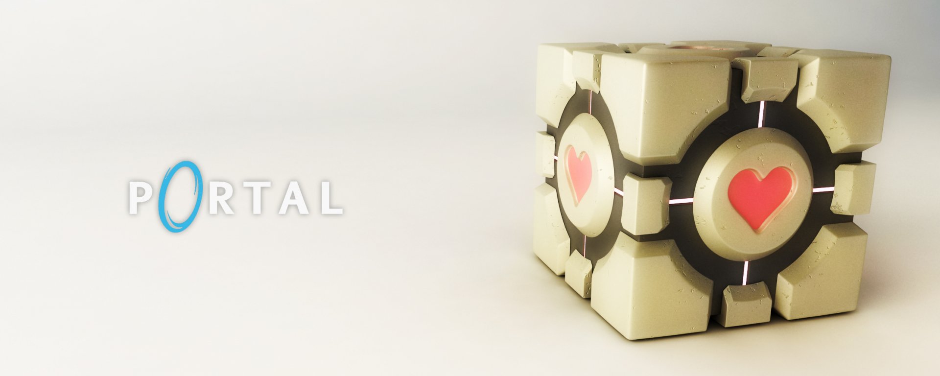 HD PC desktop wallpaper featuring a Companion Cube with heart symbols from the video game Portal on a light background with the Portal logo.