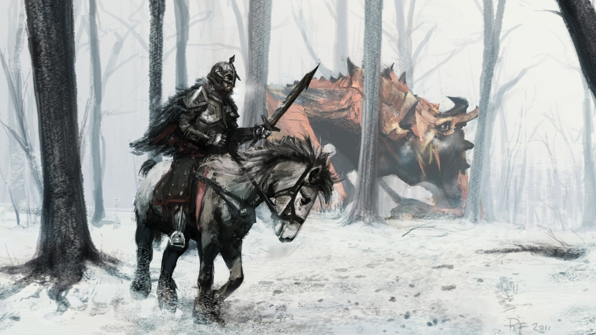 A warrior on horseback ventures through a snowy forest, with a dragon looming in the background, capturing the epic fantasy atmosphere of The Elder Scrolls V: Skyrim.