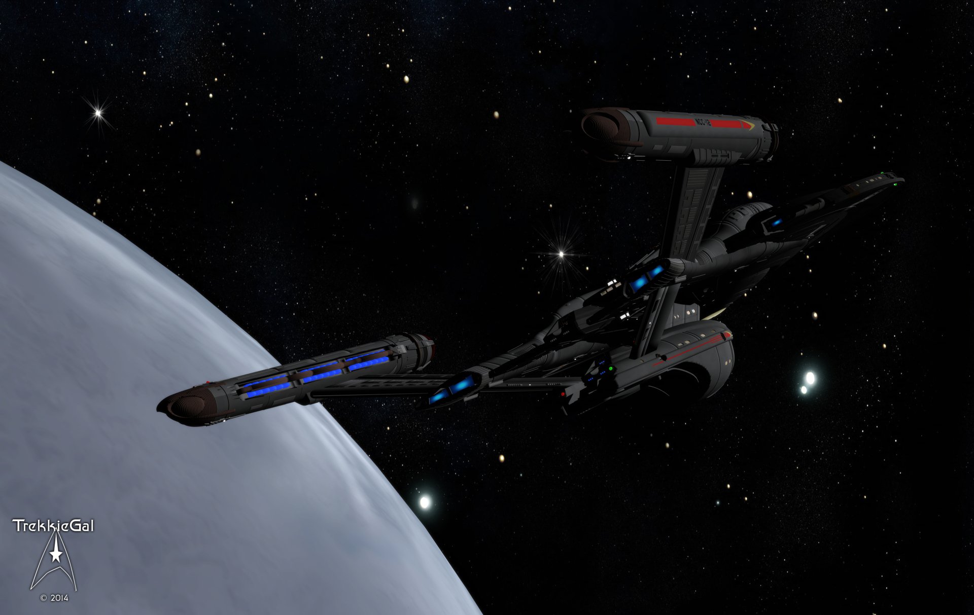 4K Ultra HD Sci-Fi Star Trek wallpaper depicting a detailed starship orbiting a blue planet against a star-filled space background.