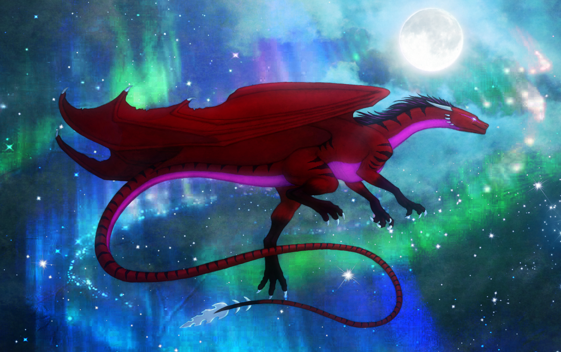 A majestic red dragon soars through a winter night sky illuminated by vibrant aurora borealis and a glowing full moon in this HD fantasy desktop wallpaper.