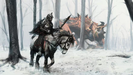 A warrior on horseback ventures through a snowy forest, with a dragon looming in the background, capturing the epic fantasy atmosphere of The Elder Scrolls V: Skyrim.